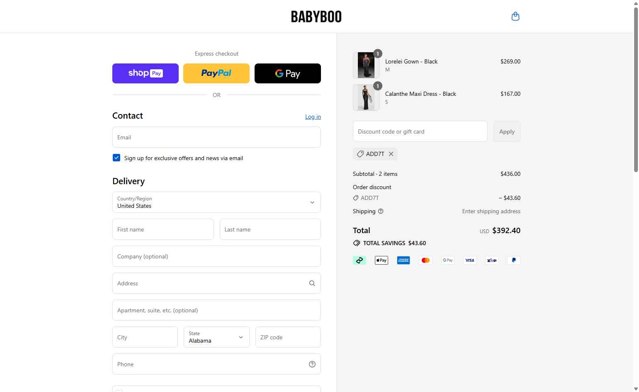 Babyboo Fashion checkout page showing Babyboo Fashion discount code box | Screenshot taken by SimplyCodes community member on Aug 27, 2025