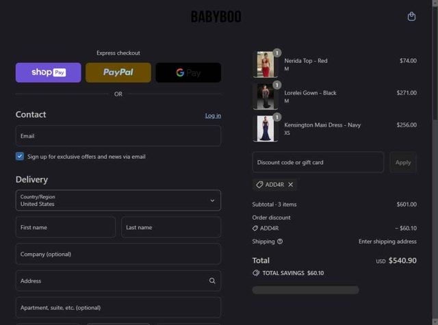 Babyboo Fashion checkout page showing Babyboo Fashion discount code box | Screenshot taken by SimplyCodes community member on Aug 28, 2025