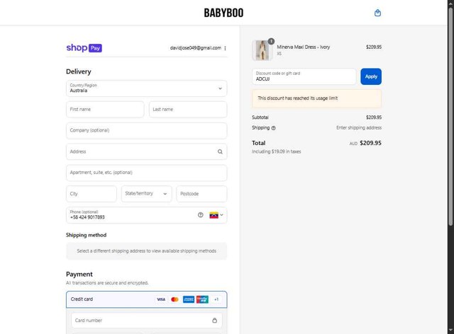 Babyboo Fashion checkout page showing Babyboo Fashion discount code box | Screenshot taken by SimplyCodes community member on Aug 28, 2025