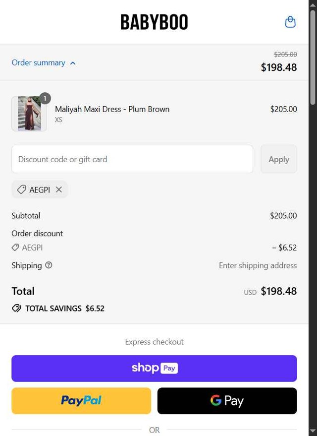 Babyboo Fashion checkout page showing Babyboo Fashion discount code box | Screenshot taken by SimplyCodes community member on Aug 28, 2025
