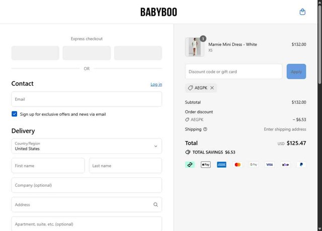 Babyboo Fashion checkout page showing Babyboo Fashion discount code box | Screenshot taken by SimplyCodes community member on Aug 28, 2025