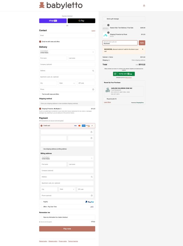 Babyletto checkout page showing Babyletto discount code box | Screenshot taken by SimplyCodes community member on Dec 11, 2024