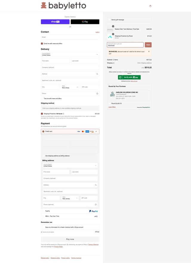Babyletto checkout page showing Babyletto discount code box | Screenshot taken by SimplyCodes community member on Dec 19, 2024