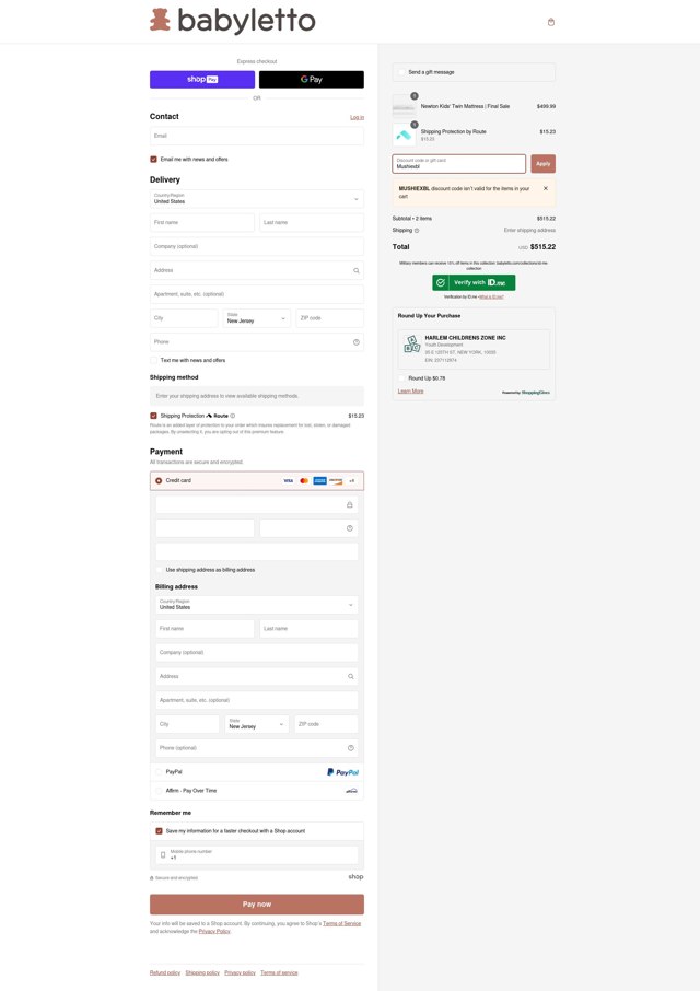 Babyletto checkout page showing Babyletto discount code box | Screenshot taken by SimplyCodes community member on Dec 29, 2024