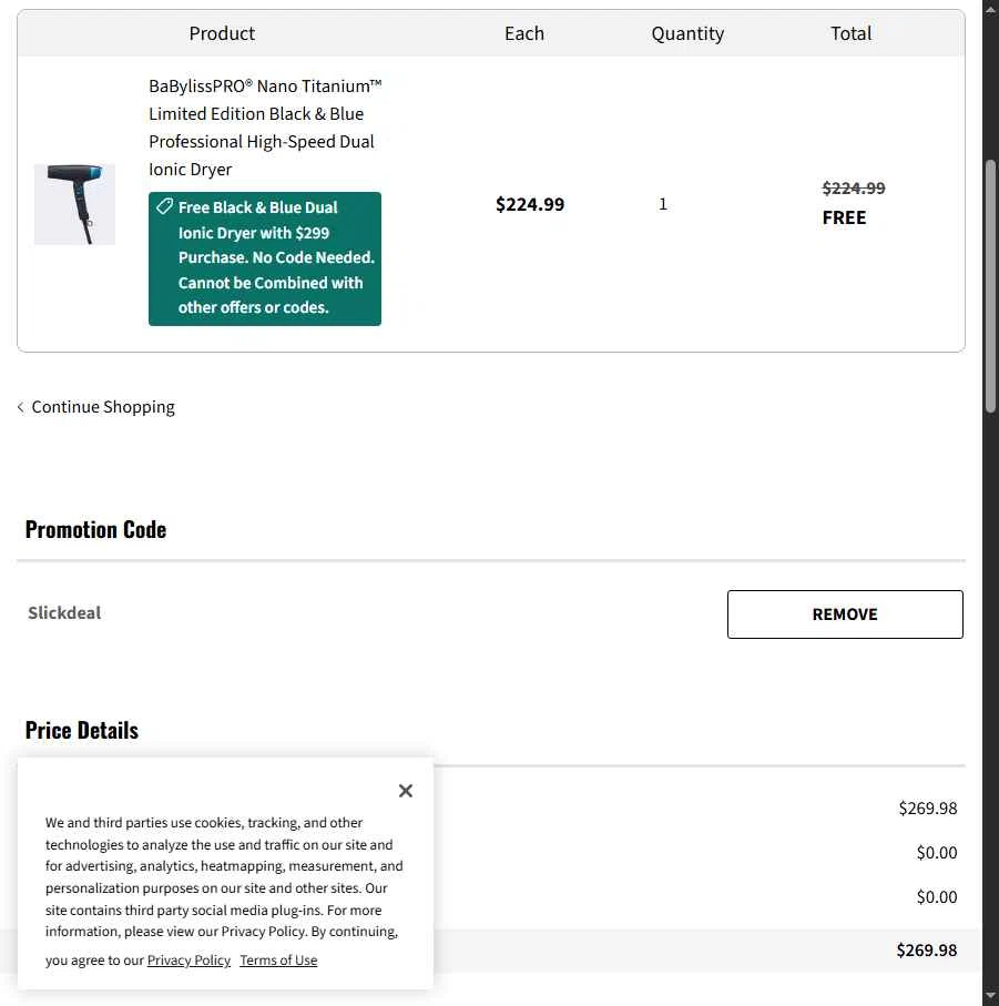 BaBylissPRO checkout page showing BaBylissPRO promo code box | Screenshot taken by SimplyCodes community member on Jun 12, 2025