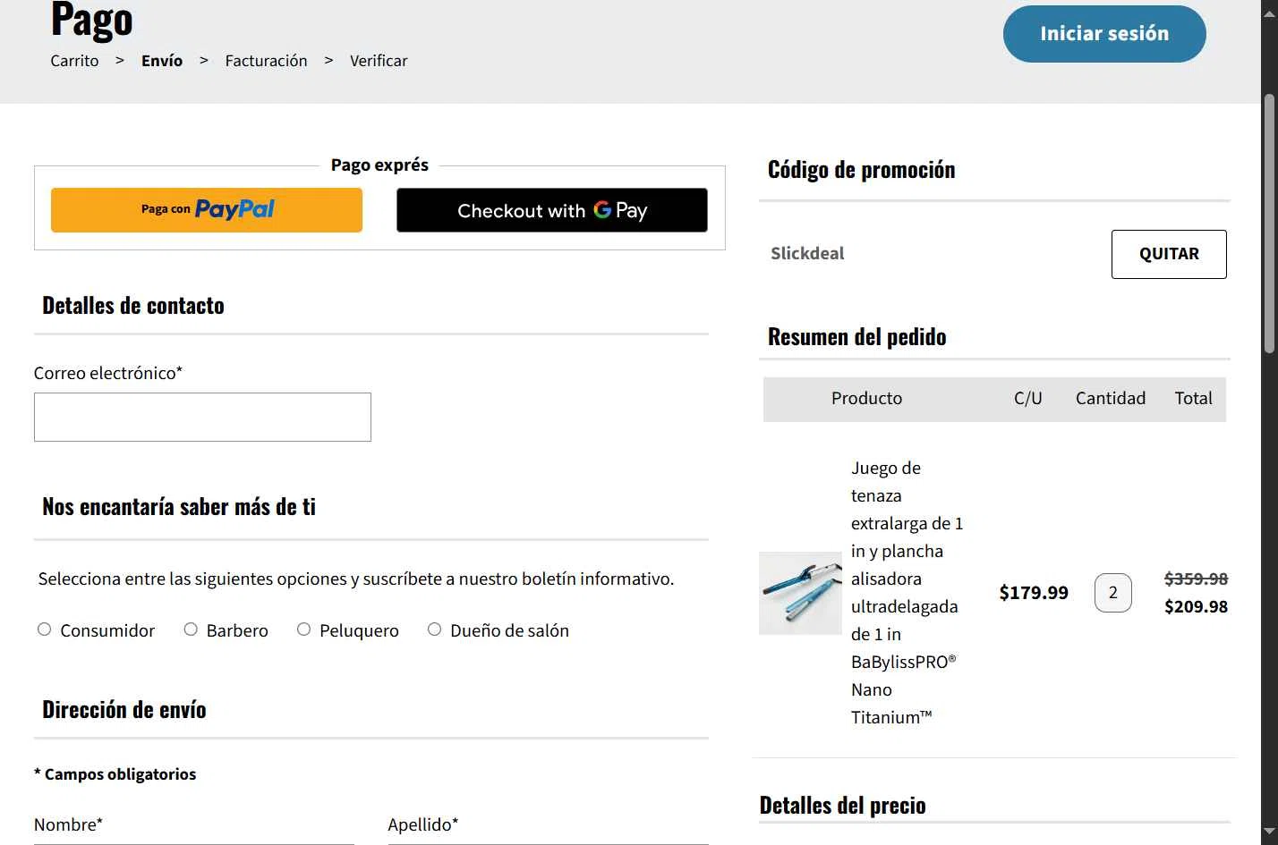 BaBylissPRO checkout page showing BaBylissPRO promo code box | Screenshot taken by SimplyCodes community member on May 9, 2025