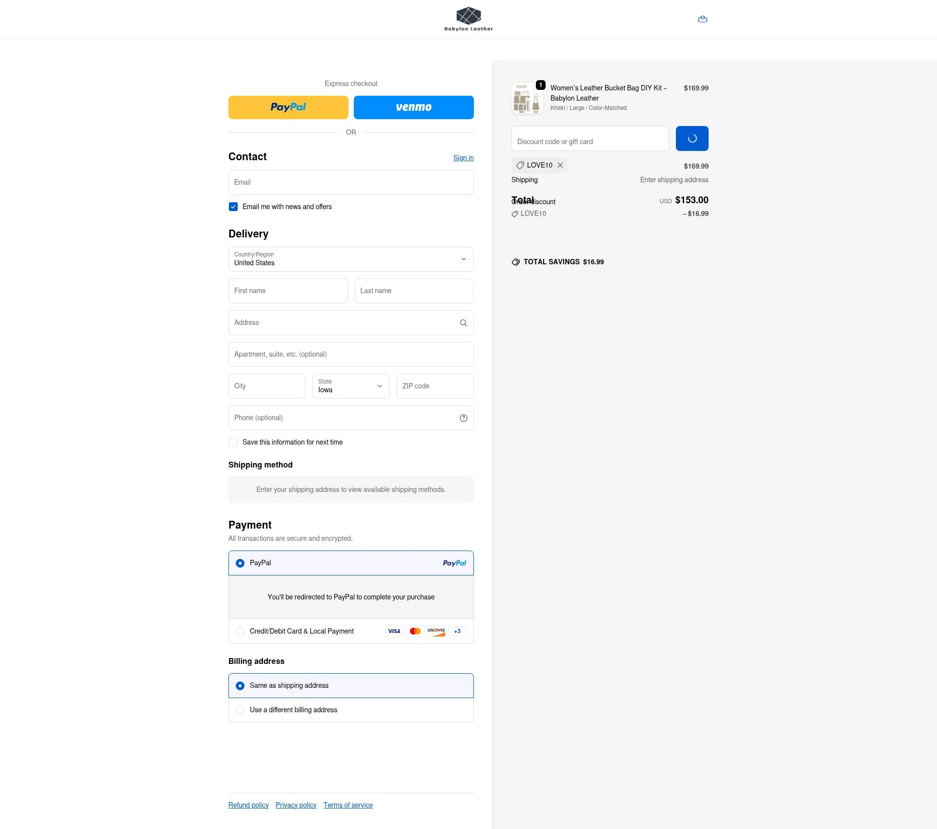 Babylon Leather checkout page showing Babylon Leather coupon code box | Screenshot taken by SimplyCodes community member on Feb 24, 2026