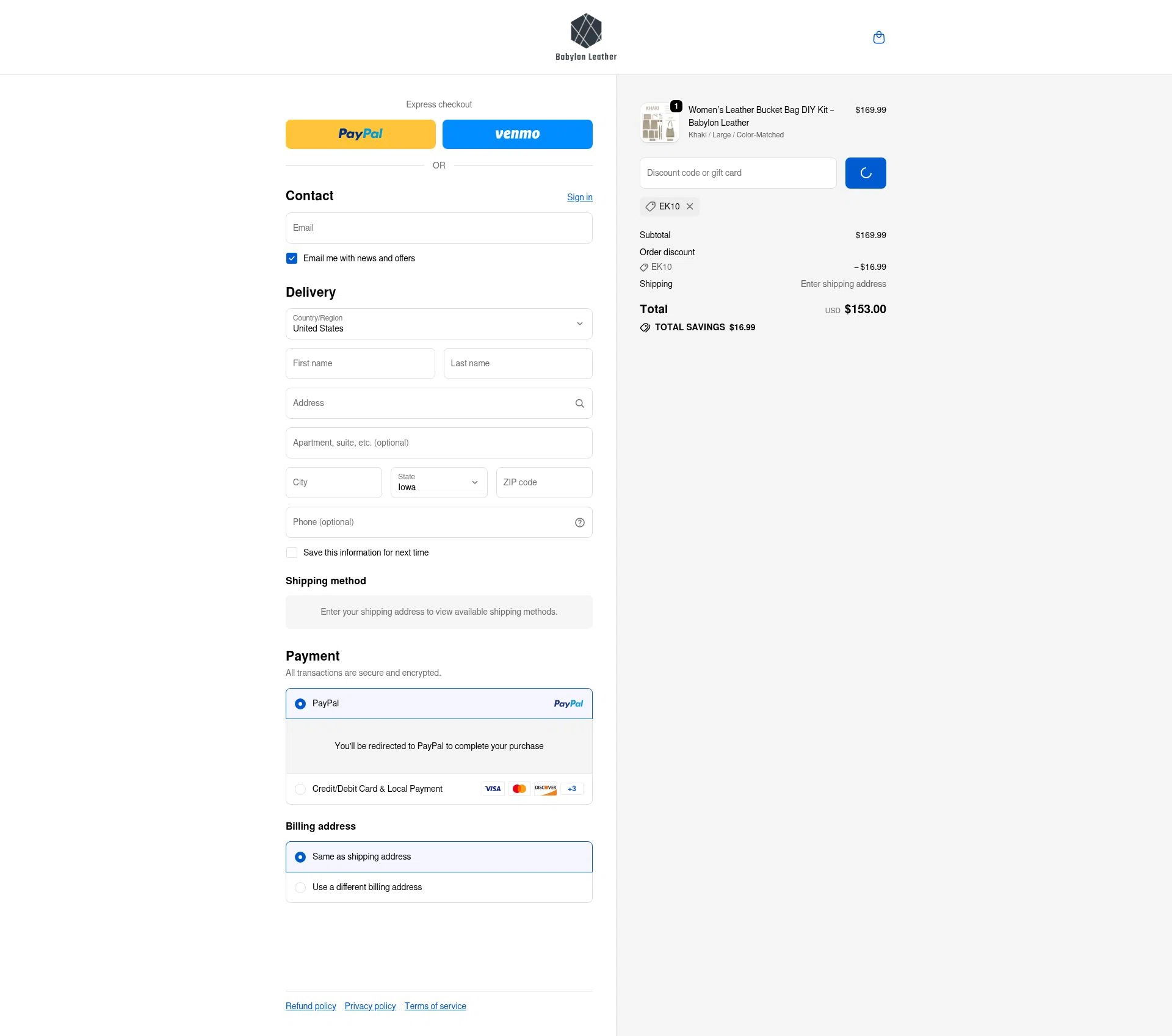 Babylon Leather checkout page showing Babylon Leather coupon code box | Screenshot taken by SimplyCodes community member on Feb 24, 2026