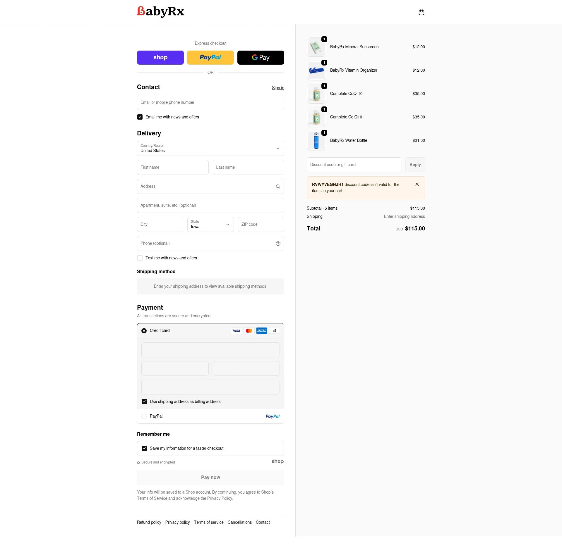 BabyRx checkout page showing BabyRx promo code box | Screenshot taken by SimplyCodes community member on Jan 8, 2026