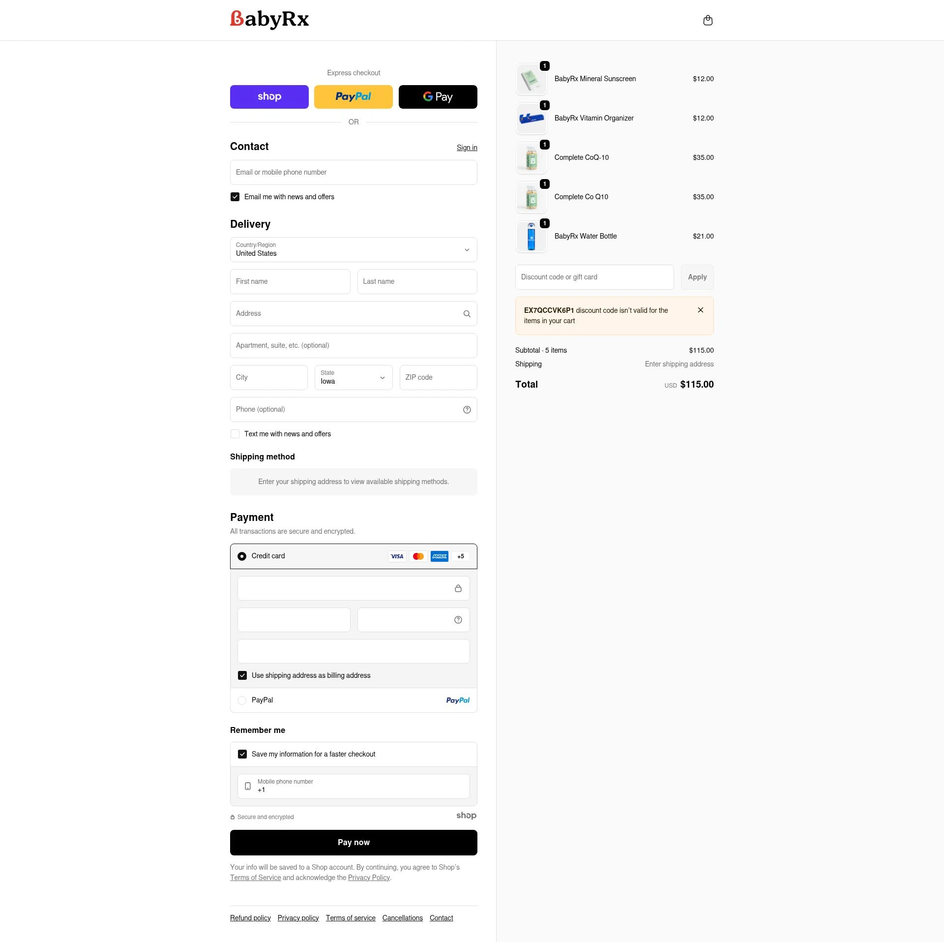 BabyRx checkout page showing BabyRx promo code box | Screenshot taken by SimplyCodes community member on Jan 8, 2026