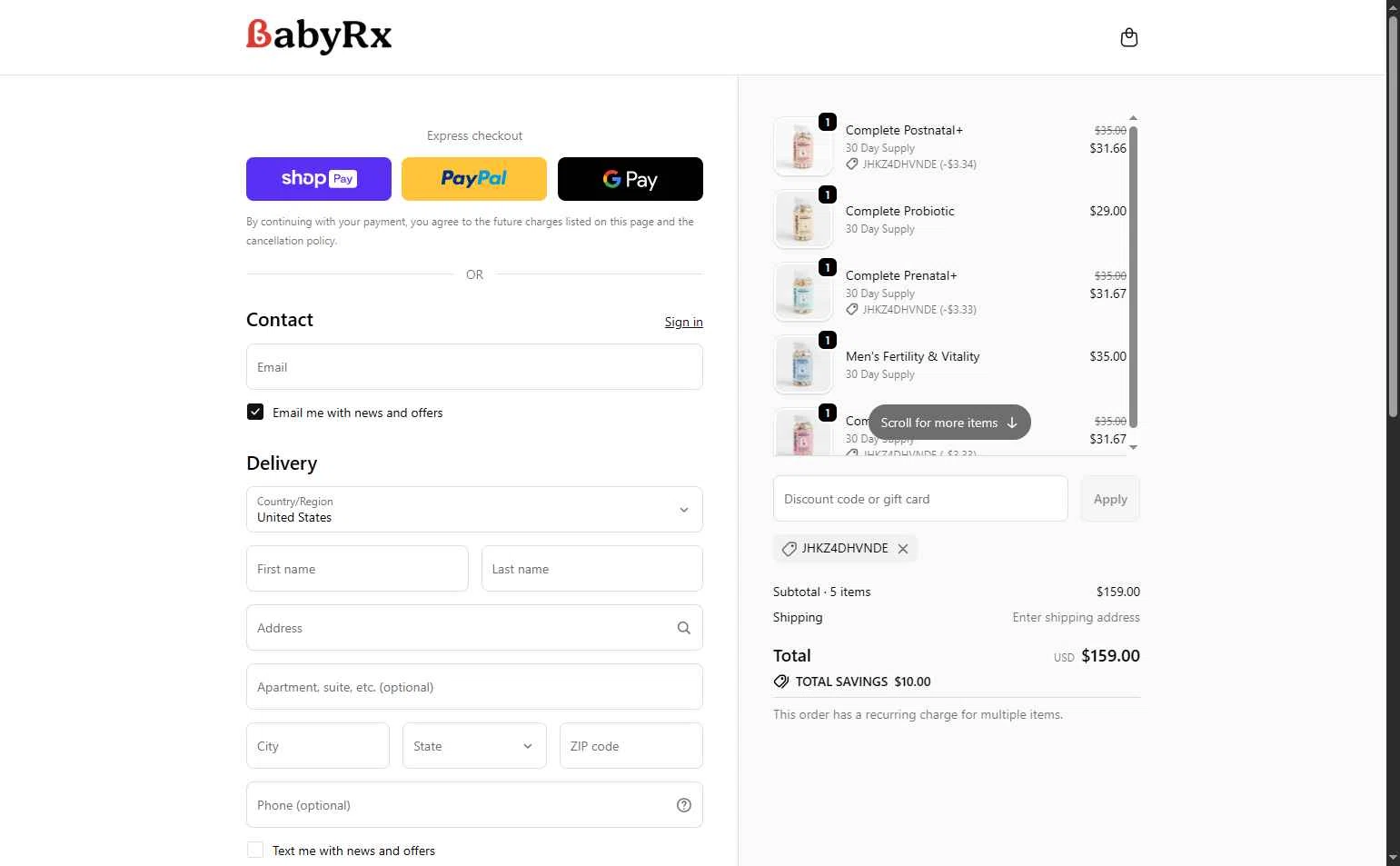 BabyRx checkout page showing BabyRx promo code box | Screenshot taken by SimplyCodes community member on Jan 10, 2026