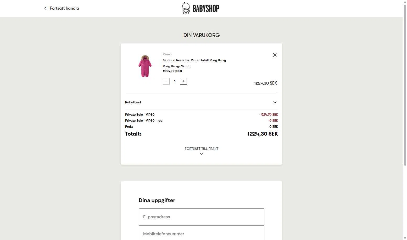 Babyshop checkout page showing Babyshop promo code box | Screenshot taken by SimplyCodes community member on Dec 8, 2025