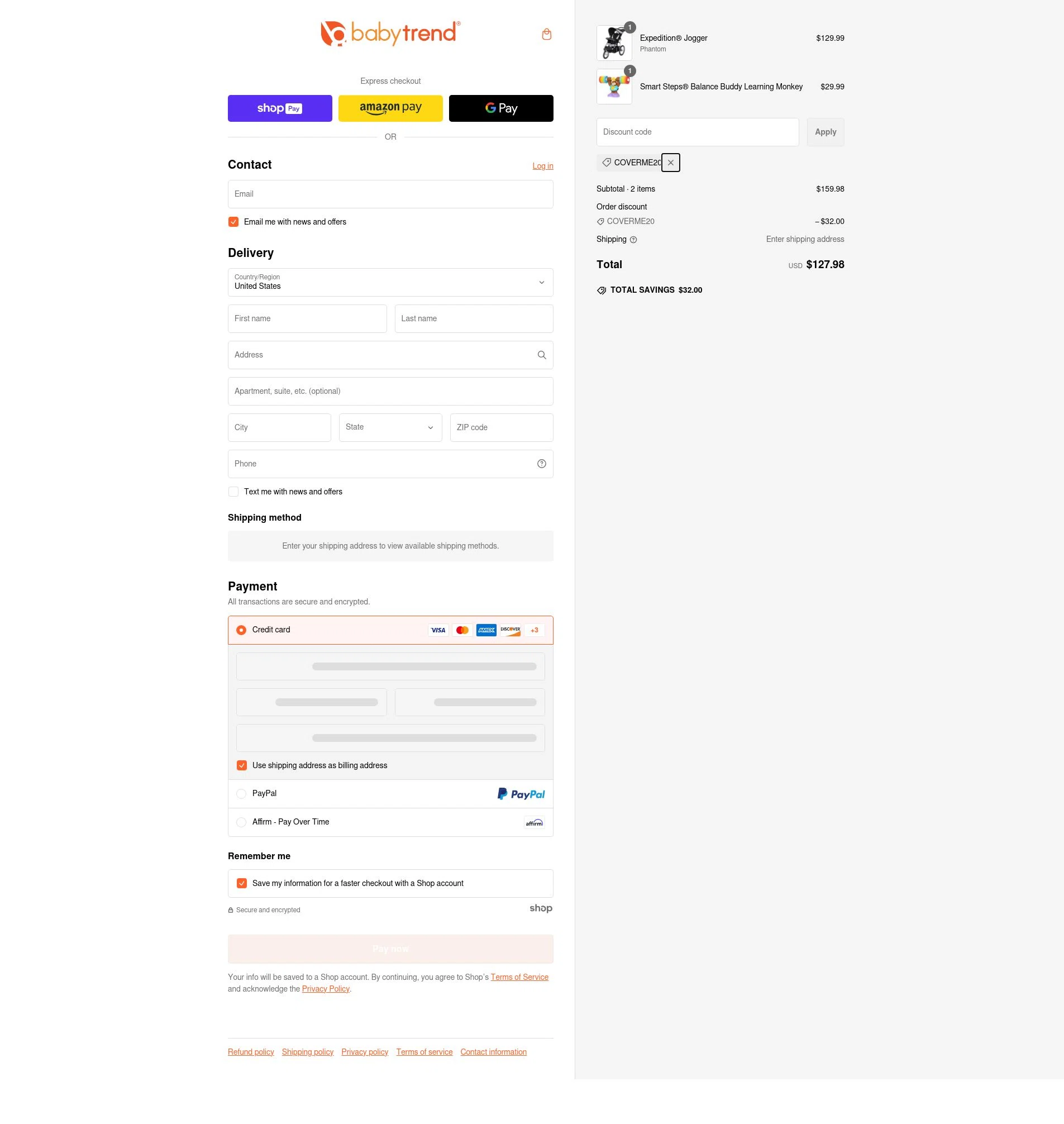 Baby Trend checkout page showing Baby Trend discount code box | Screenshot taken by SimplyCodes community member on Feb 24, 2025