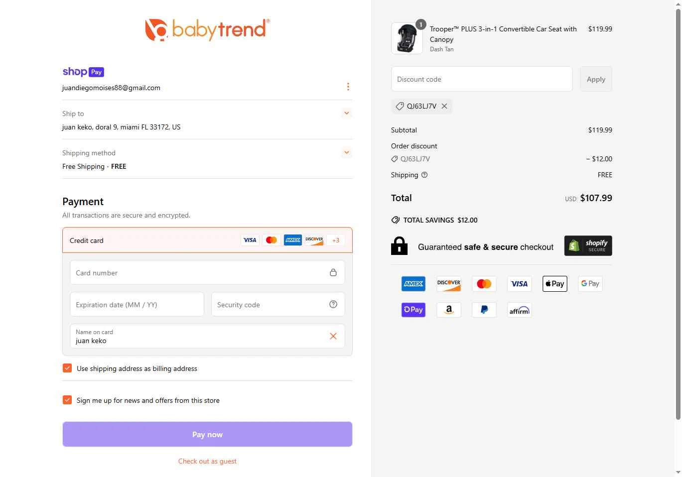 Baby Trend checkout page showing Baby Trend discount code box | Screenshot taken by SimplyCodes community member on May 9, 2025