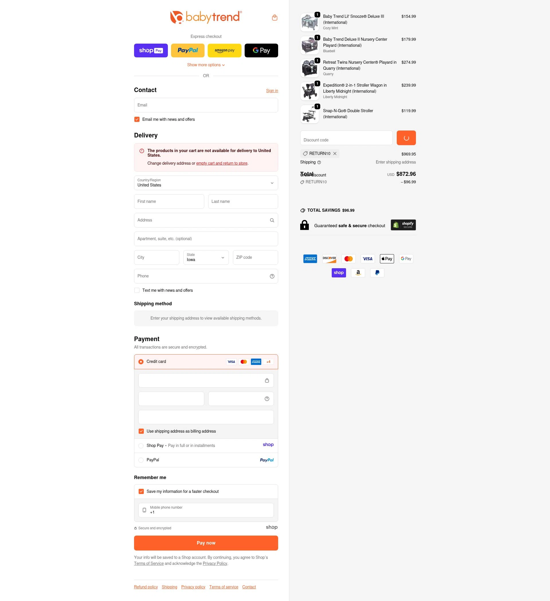 Baby Trend checkout page showing Baby Trend discount code box | Screenshot taken by SimplyCodes community member on Jan 7, 2026