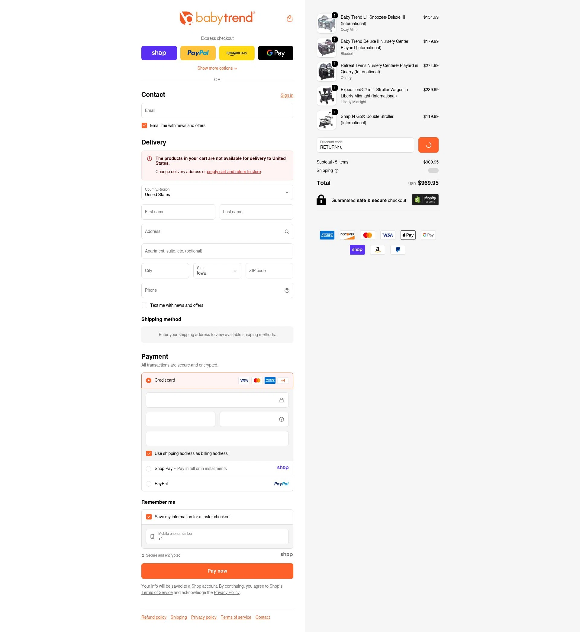 Baby Trend checkout page showing Baby Trend discount code box | Screenshot taken by SimplyCodes community member on Dec 25, 2025