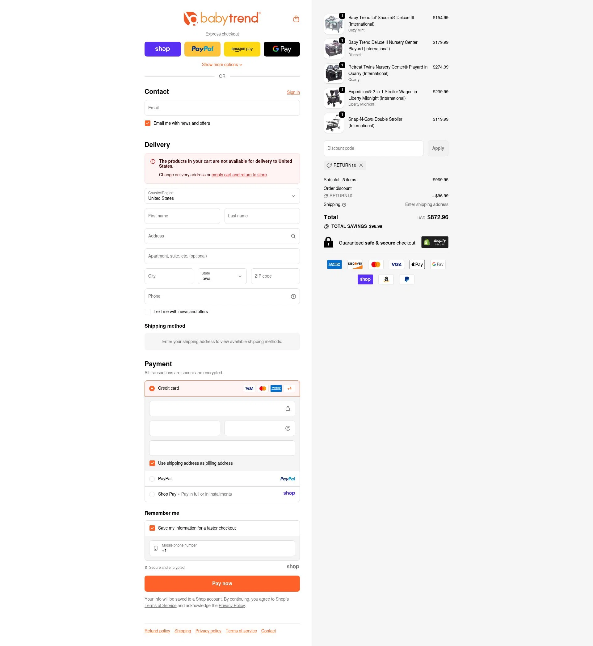 Baby Trend checkout page showing Baby Trend discount code box | Screenshot taken by SimplyCodes community member on Dec 13, 2025