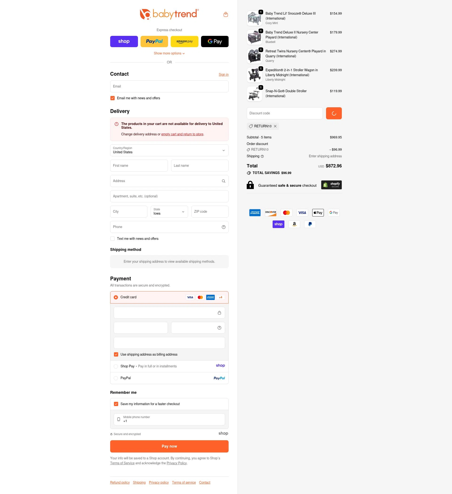 Baby Trend checkout page showing Baby Trend discount code box | Screenshot taken by SimplyCodes community member on Dec 20, 2025