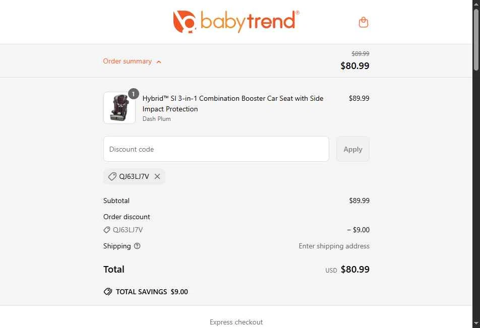 Baby Trend checkout page showing Baby Trend discount code box | Screenshot taken by SimplyCodes community member on May 9, 2025