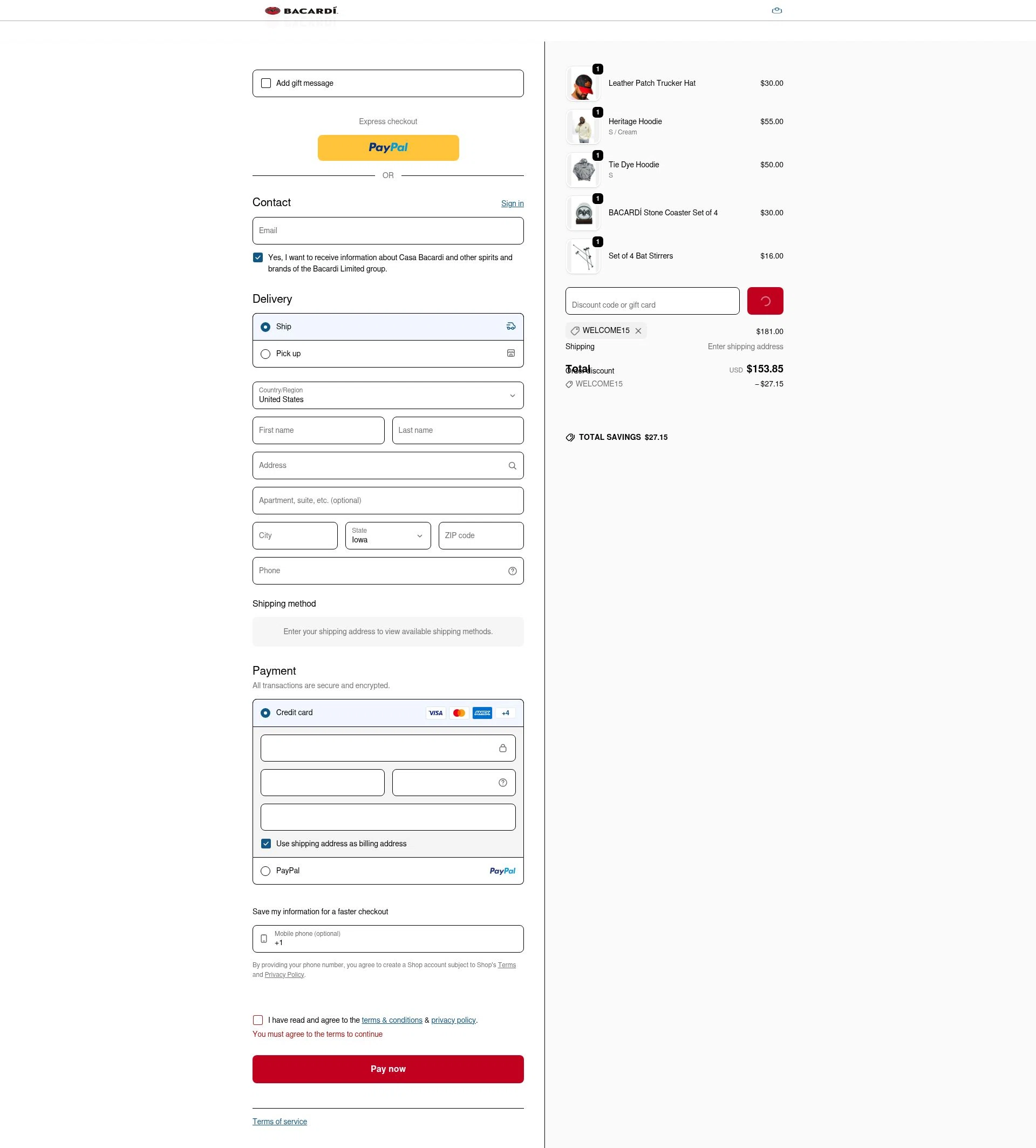 Bacardi checkout page showing Bacardi promo code box | Screenshot taken by SimplyCodes community member on Feb 5, 2026