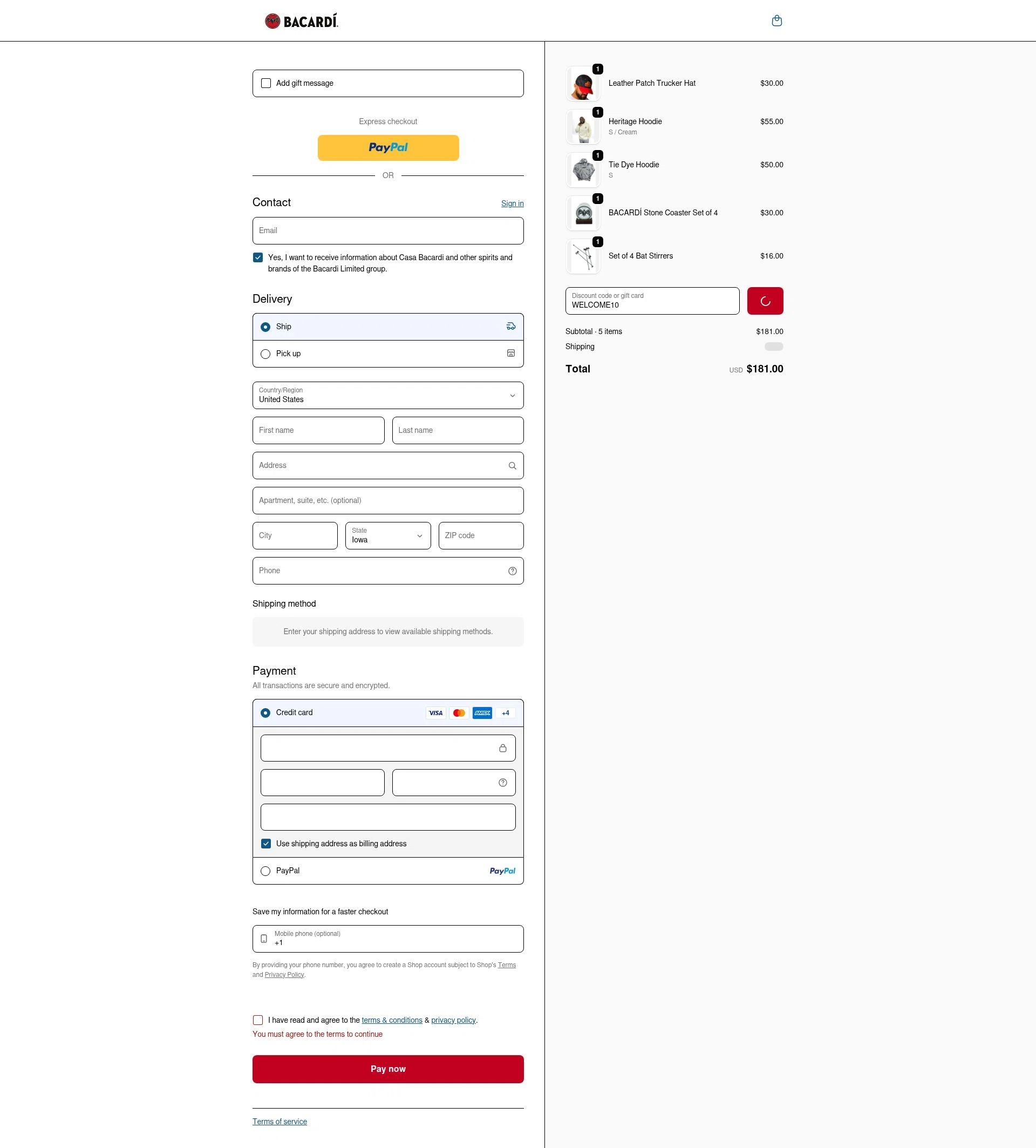 Bacardi checkout page showing Bacardi promo code box | Screenshot taken by SimplyCodes community member on Feb 5, 2026