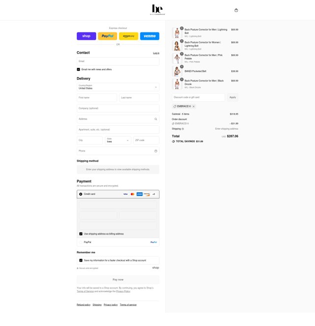 Back Embrace checkout page showing Back Embrace promo code box | Screenshot taken by SimplyCodes community member on Aug 28, 2025