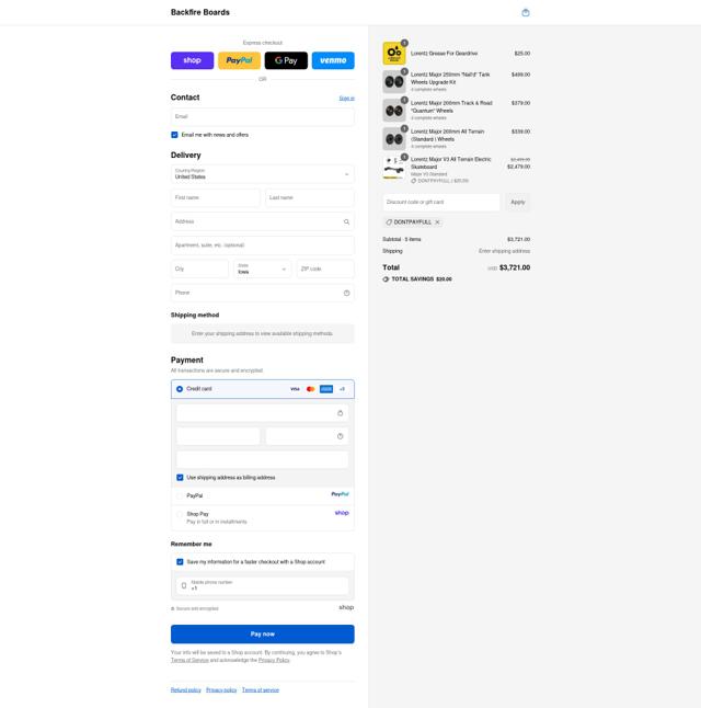 Backfire Boards checkout page showing Backfire Boards discount code box | Screenshot taken by SimplyCodes community member on Sep 15, 2025