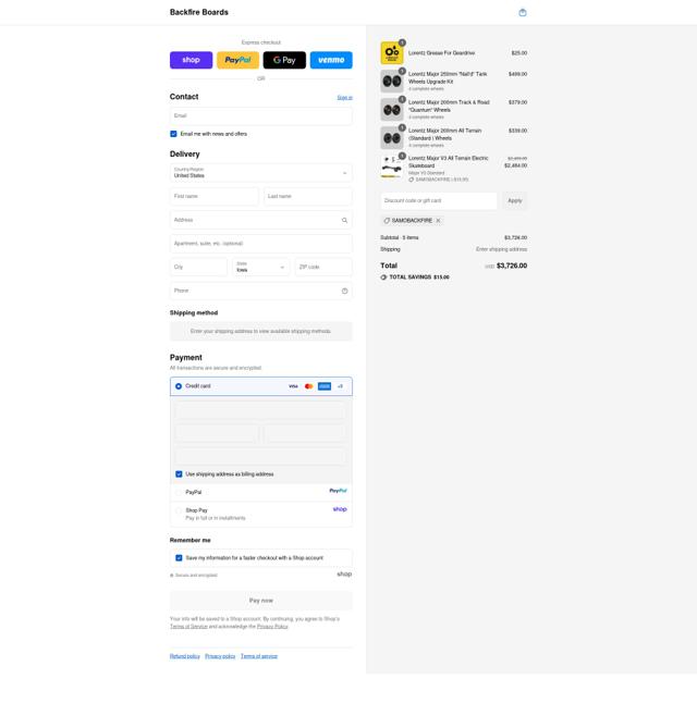 Backfire Boards checkout page showing Backfire Boards discount code box | Screenshot taken by SimplyCodes community member on Sep 15, 2025