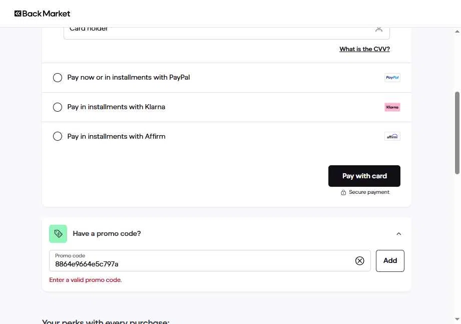Verification screenshot for 15% Off Storewide at Back Market - 38d ago