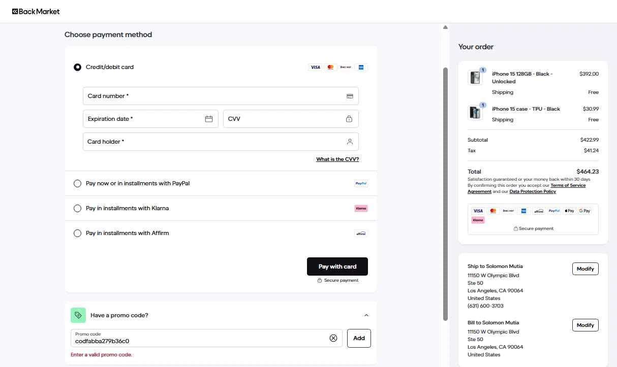 Verification screenshot for $10 Off Storewide (minimum Order $100) (new Customers Only) at Back Market - 30d ago