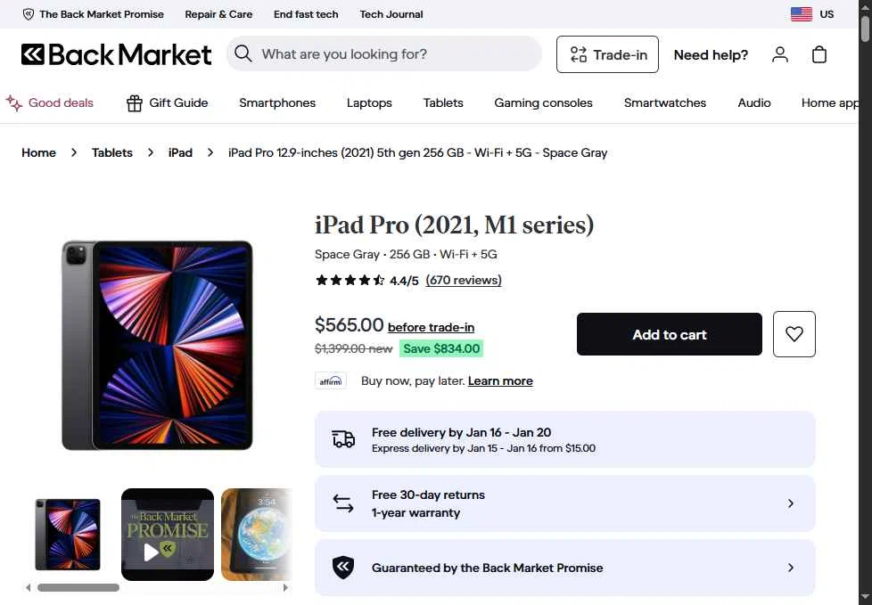 Back Market checkout page showing Back Market promo code box | Screenshot taken by SimplyCodes community member on Jan 15, 2026