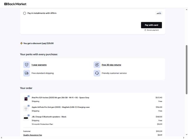 Back Market checkout page showing Back Market promo code box | Screenshot taken by SimplyCodes community member on Aug 28, 2025