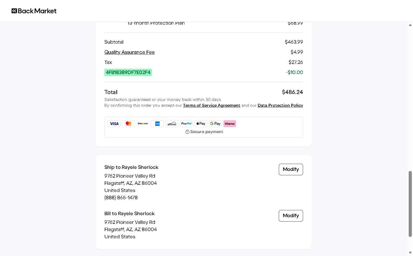 Back Market checkout page showing Back Market promo code box | Screenshot taken by SimplyCodes community member on Feb 13, 2026