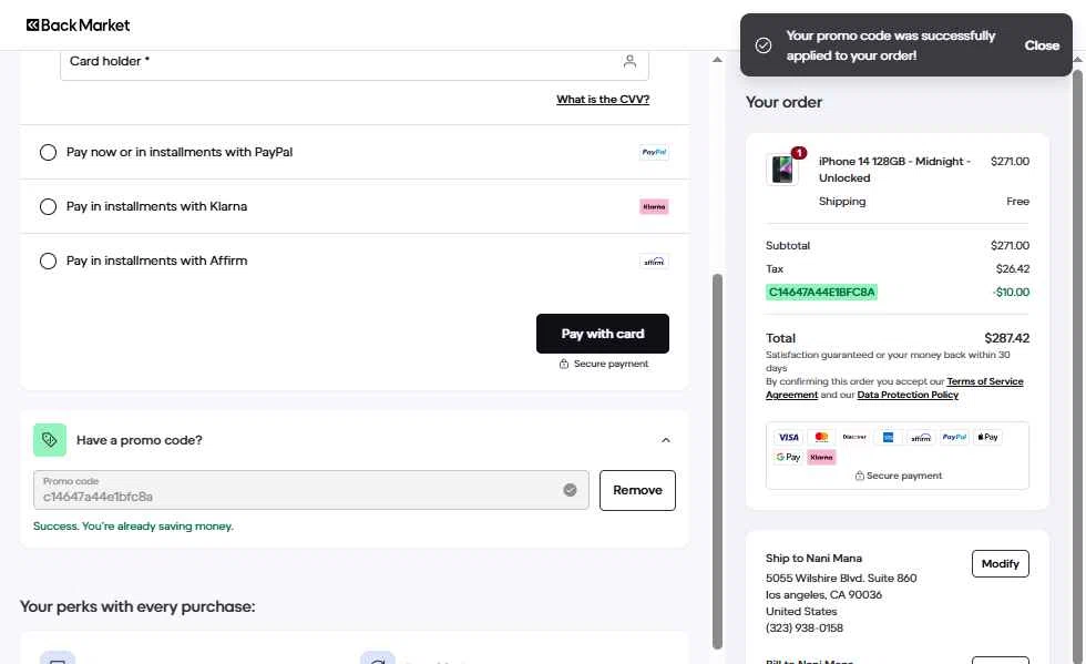 Verification screenshot for $10 Off Storewide at Back Market - 2d ago
