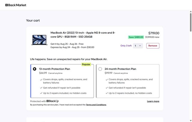 Back Market checkout page showing Back Market promo code box | Screenshot taken by SimplyCodes community member on Aug 21, 2025