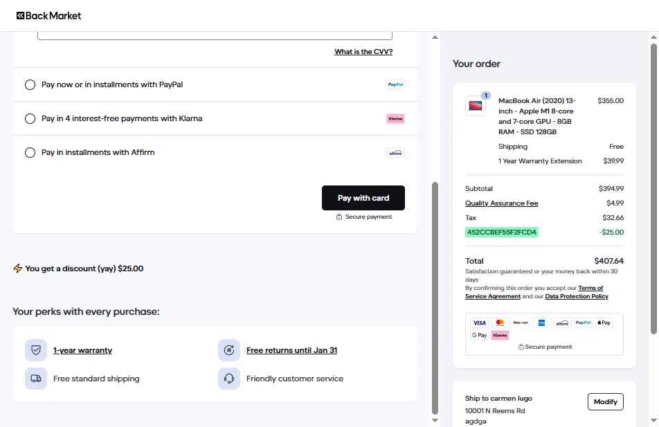 Back Market checkout page showing Back Market promo code box | Screenshot taken by SimplyCodes community member on Dec 9, 2025