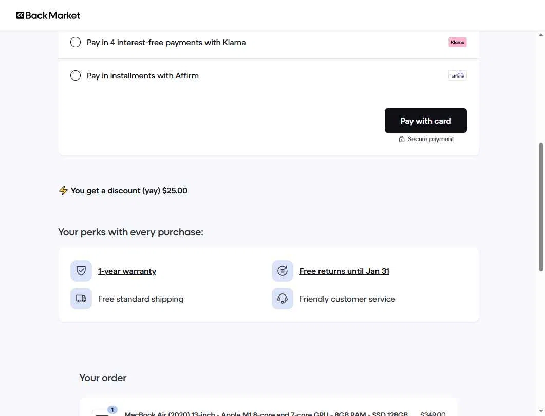 Back Market checkout page showing Back Market promo code box | Screenshot taken by SimplyCodes community member on Dec 1, 2025