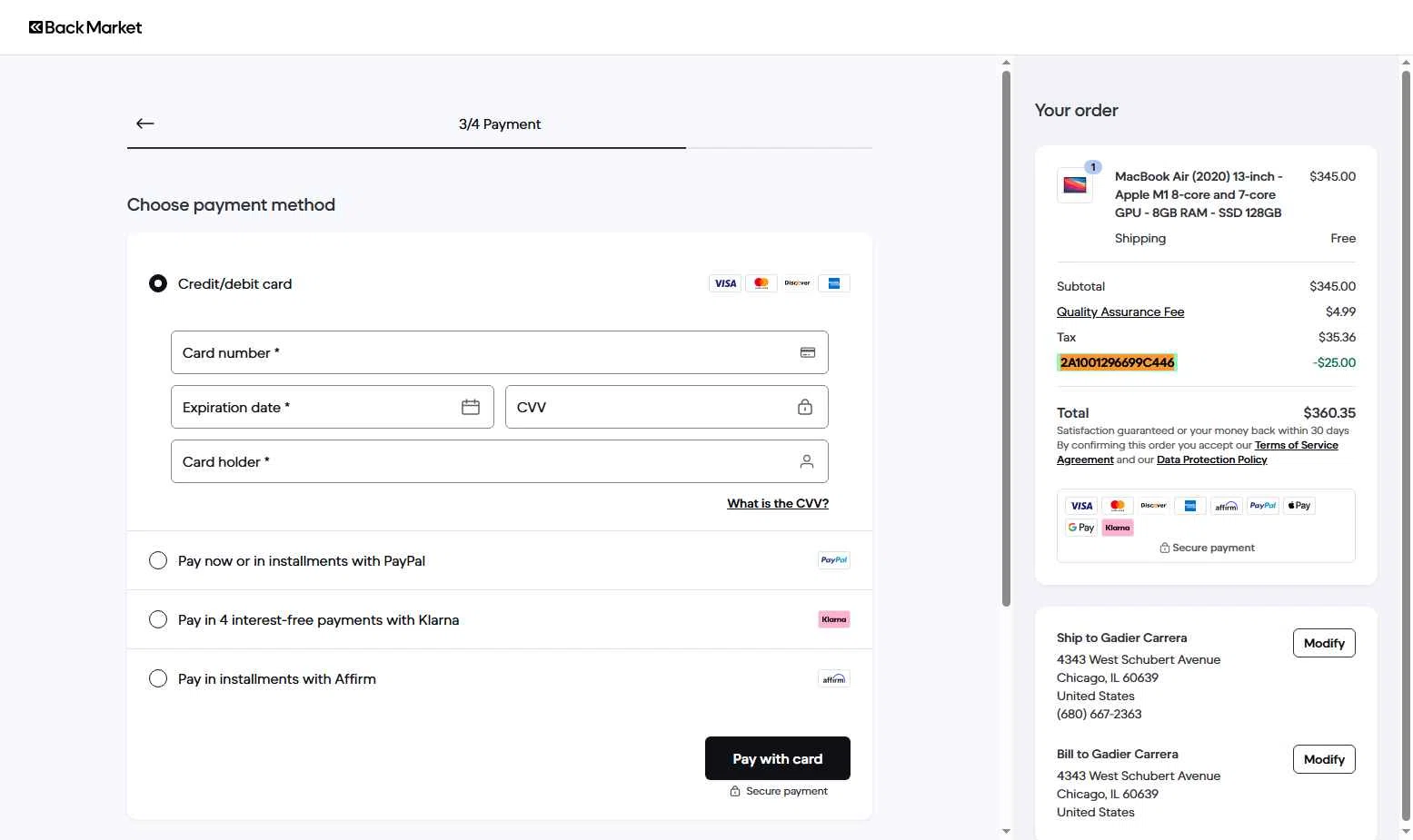Back Market checkout page showing Back Market promo code box | Screenshot taken by SimplyCodes community member on Dec 22, 2025