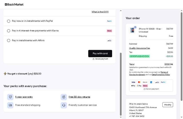 Back Market checkout page showing Back Market promo code box | Screenshot taken by SimplyCodes community member on Sep 1, 2025