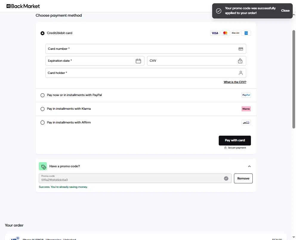 Verification screenshot for $10 Off Storewide at Back Market - 6d ago