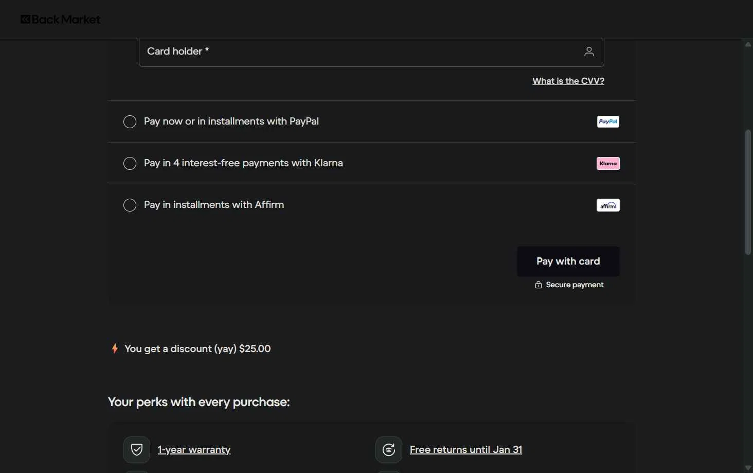 Back Market checkout page showing Back Market promo code box | Screenshot taken by SimplyCodes community member on Dec 5, 2025