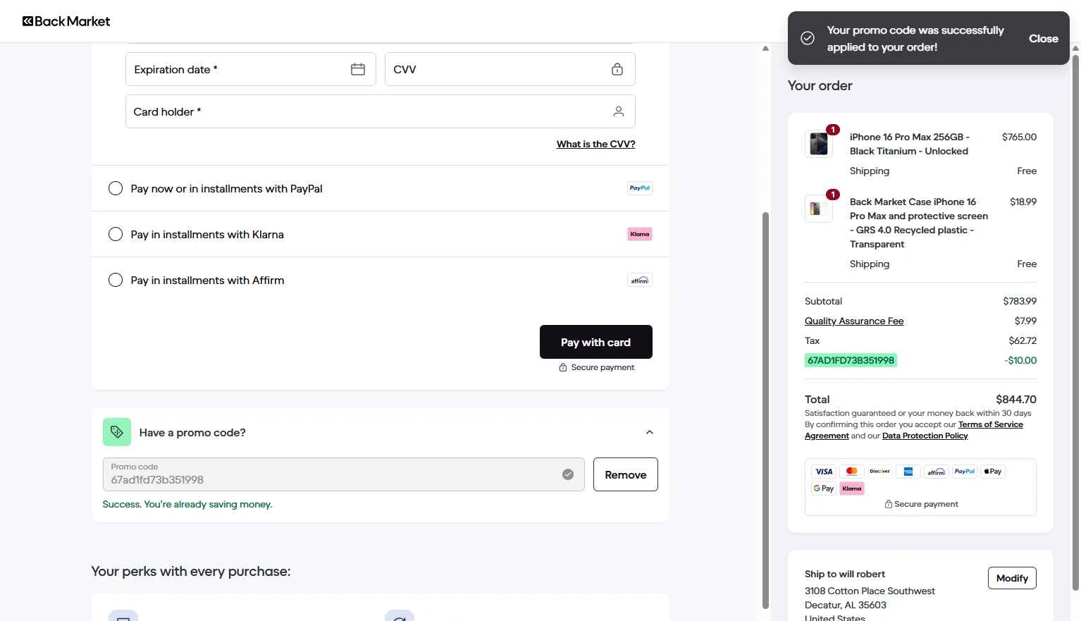 Verification screenshot for $10 Off Storewide at Back Market - 6d ago