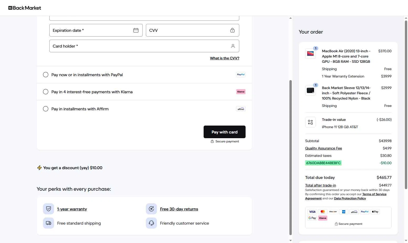 Back Market checkout page showing Back Market promo code box | Screenshot taken by SimplyCodes community member on Jan 23, 2026