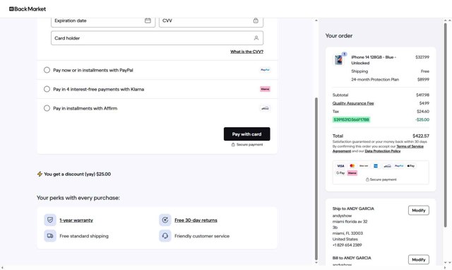 Back Market checkout page showing Back Market promo code box | Screenshot taken by SimplyCodes community member on Aug 28, 2025
