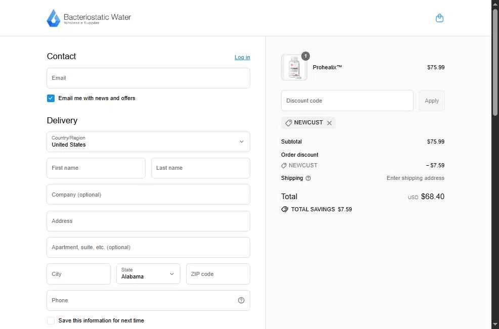 Bacteriostatic Water checkout page showing Bacteriostatic Water discount code box | Screenshot taken by SimplyCodes community member on Aug 11, 2025