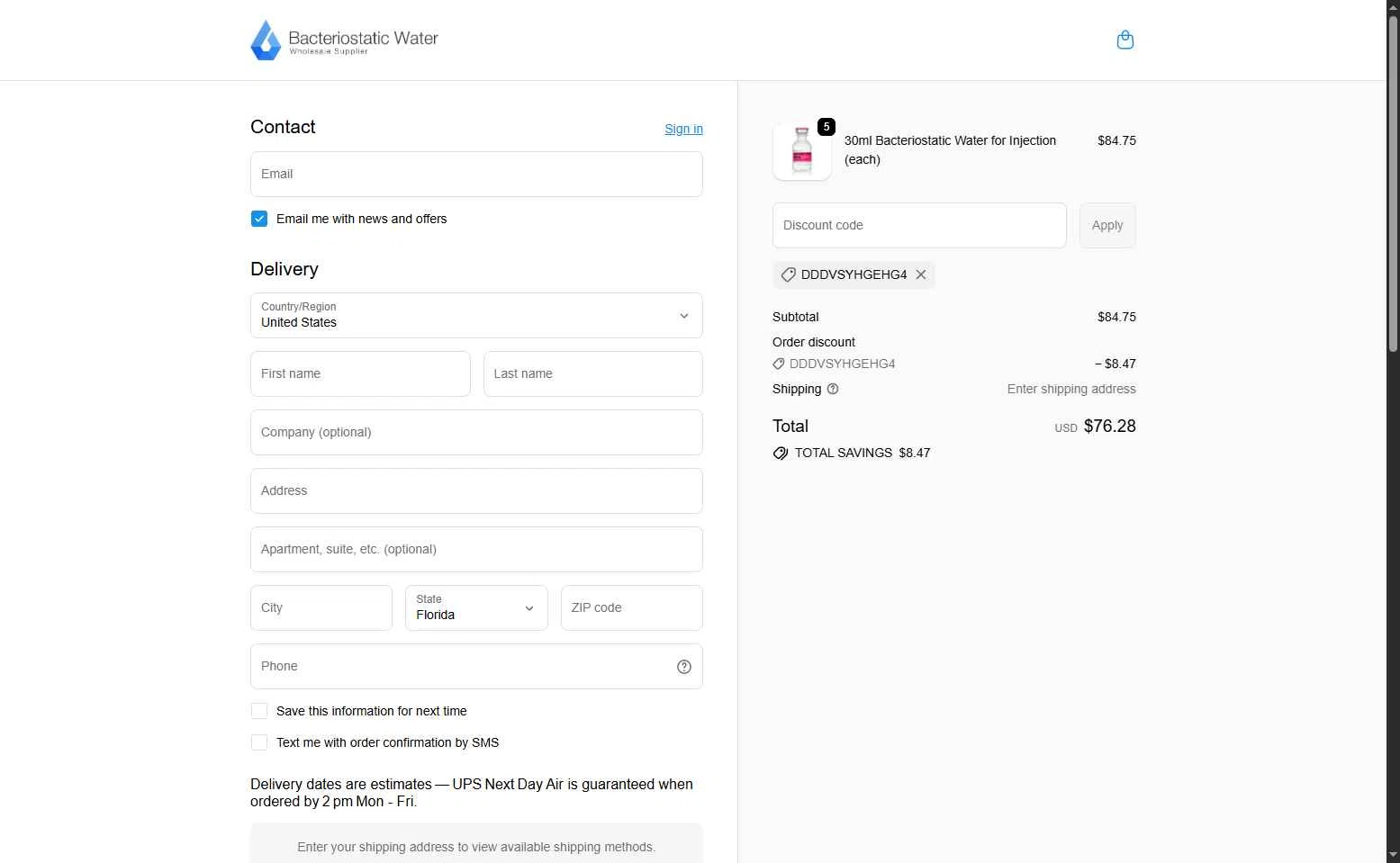 Bacteriostatic Water checkout page showing Bacteriostatic Water discount code box | Screenshot taken by SimplyCodes community member on Feb 2, 2026