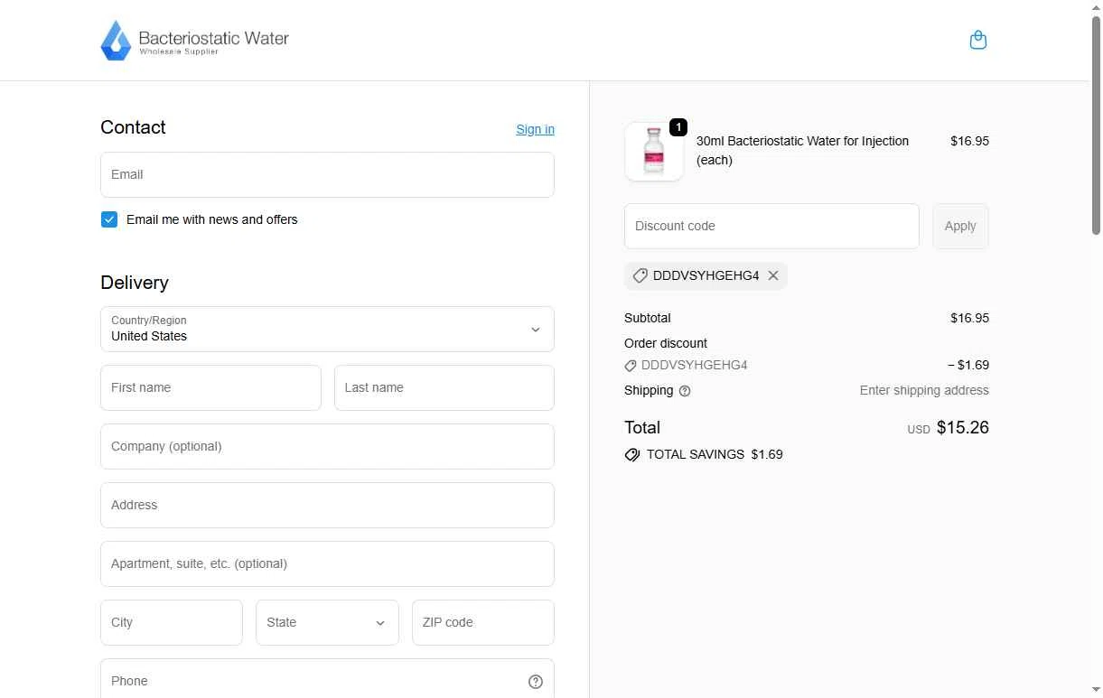 Bacteriostatic Water checkout page showing Bacteriostatic Water discount code box | Screenshot taken by SimplyCodes community member on Nov 6, 2025