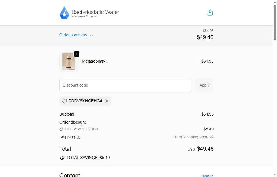 Bacteriostatic Water checkout page showing Bacteriostatic Water discount code box | Screenshot taken by SimplyCodes community member on Jan 4, 2026