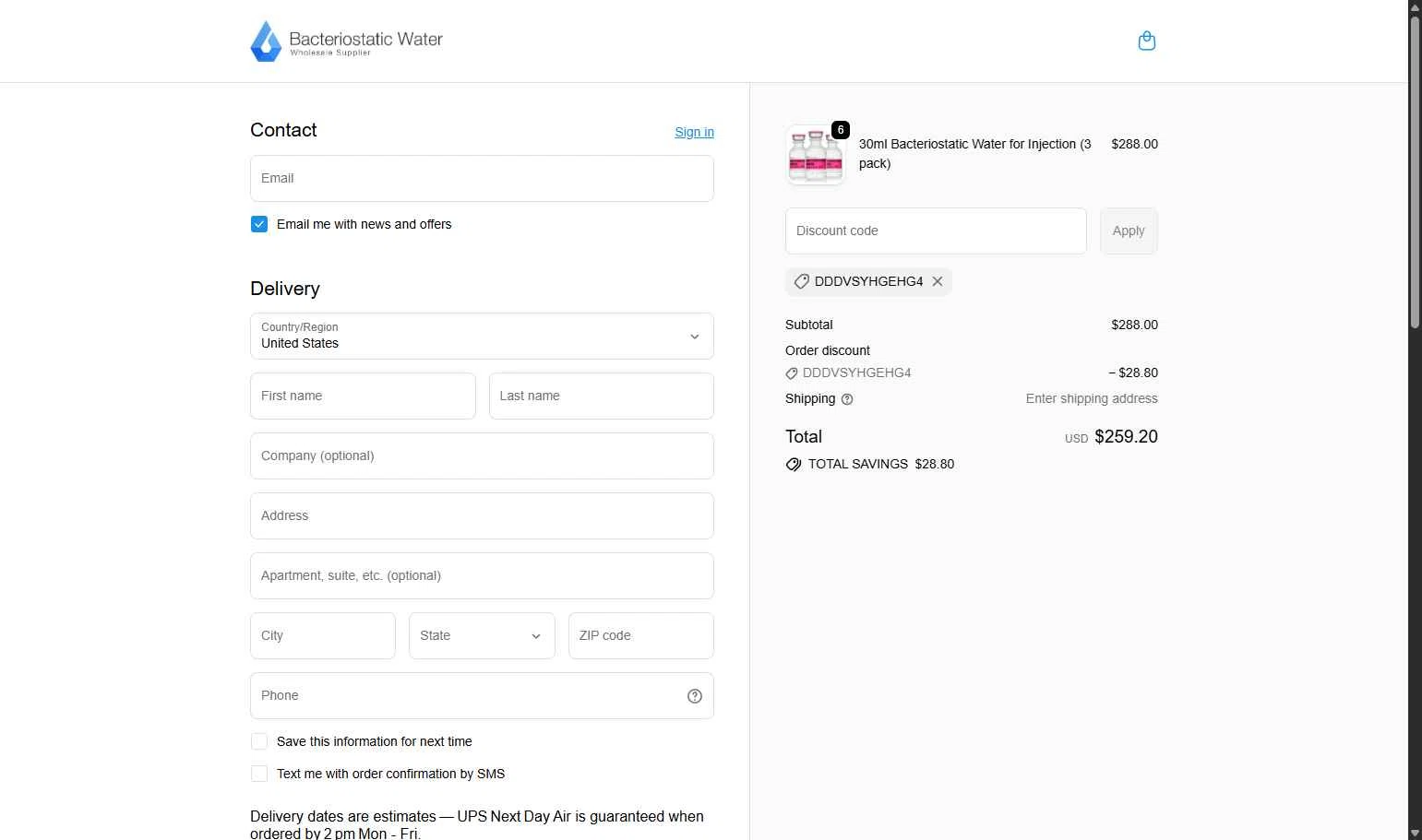 Bacteriostatic Water checkout page showing Bacteriostatic Water discount code box | Screenshot taken by SimplyCodes community member on Dec 13, 2025