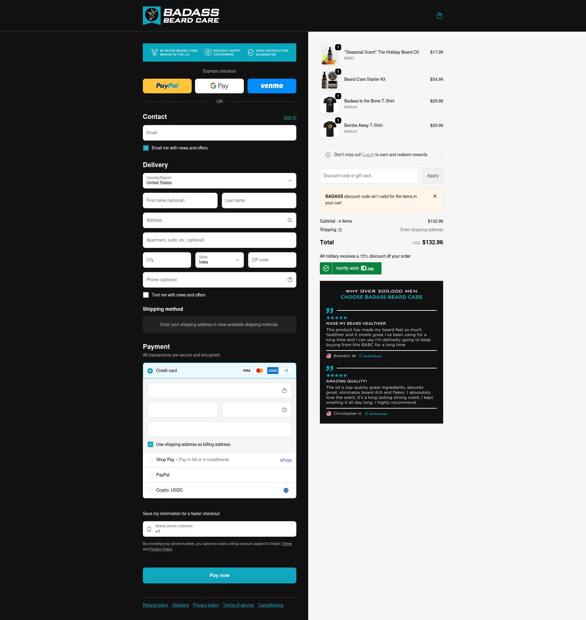 Badass Beard Care checkout page showing Badass Beard Care coupon code box | Screenshot taken by SimplyCodes community member on Feb 5, 2026